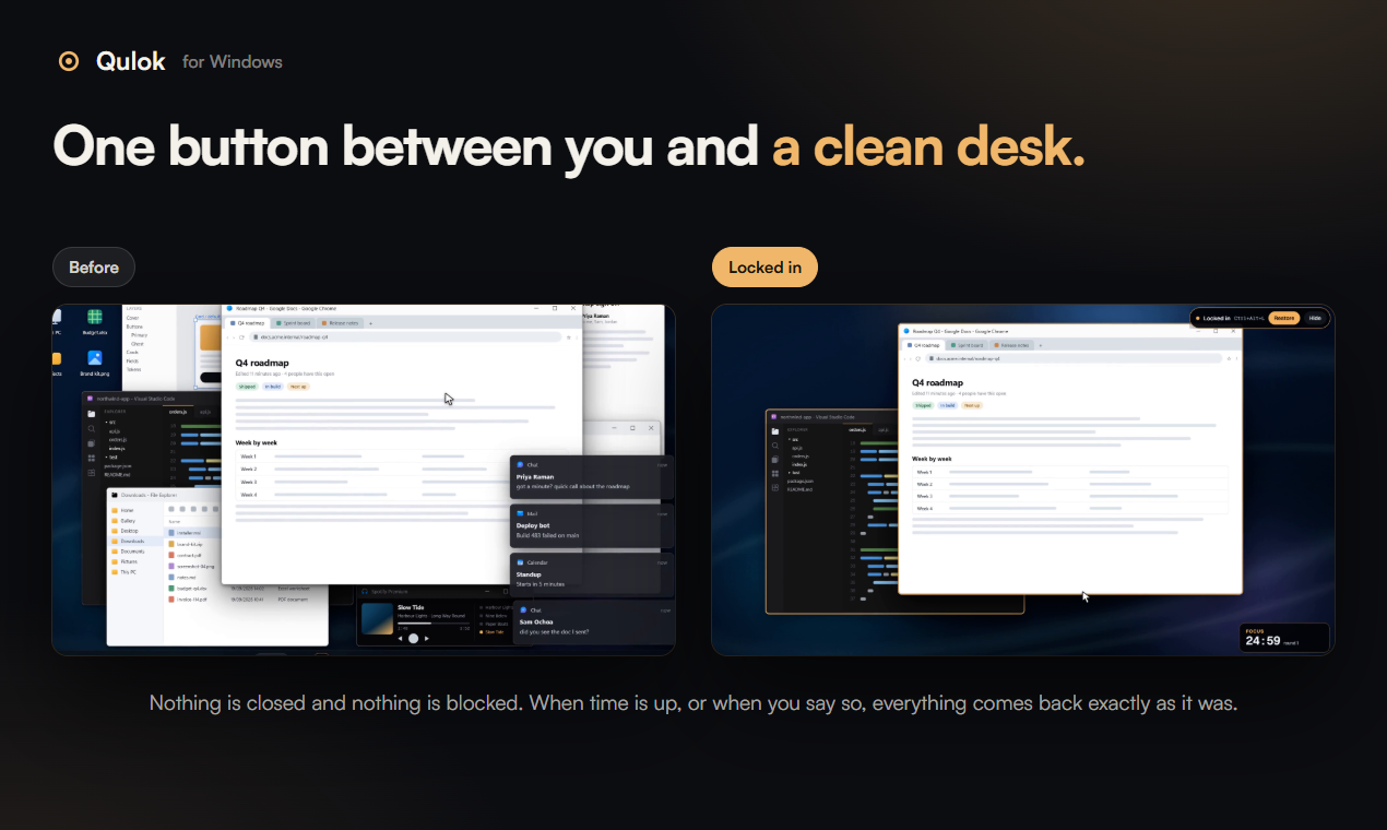 A cluttered Windows desk with chat and mail pop ups on the left, and the same desk after locking in on the right, with only the work windows left and a focus timer in the corner