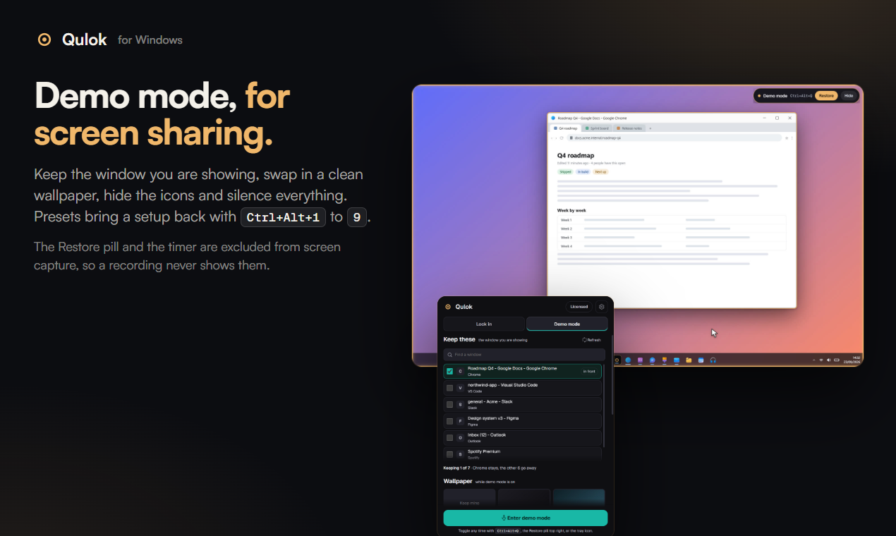 Qulok's Demo mode: the launcher with one Chrome window ticked to keep, over a clean desk with a gradient wallpaper and a gold border showing Demo mode is on