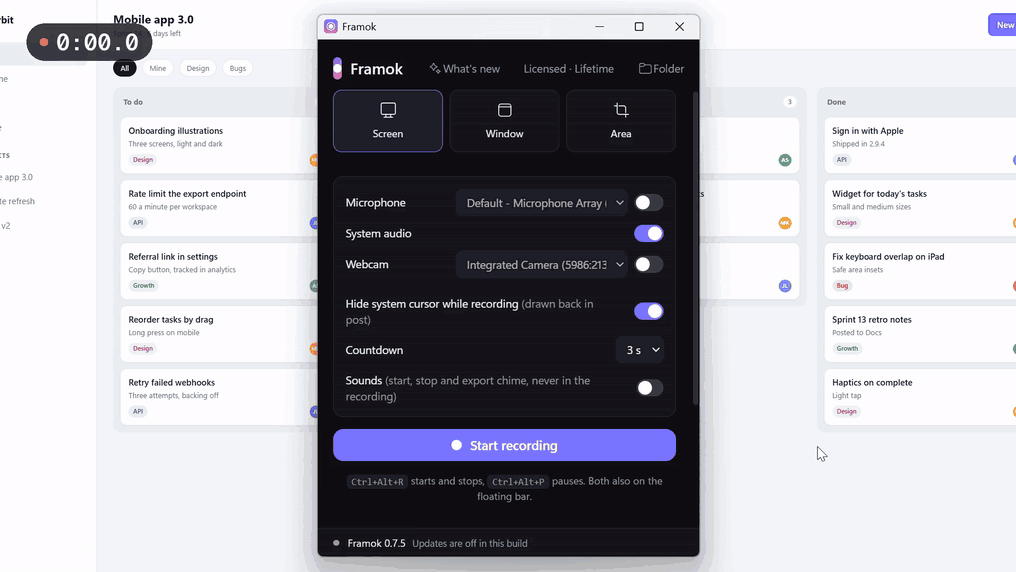 Framok from start to finish: the launcher, a recording of a task board with a comment typed in, then the editor with its zoom track and the export