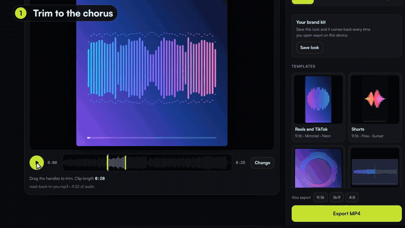 Wayvl from start to finish: trimming a song to the chorus, picking a template, then a radial wave style and a colour
