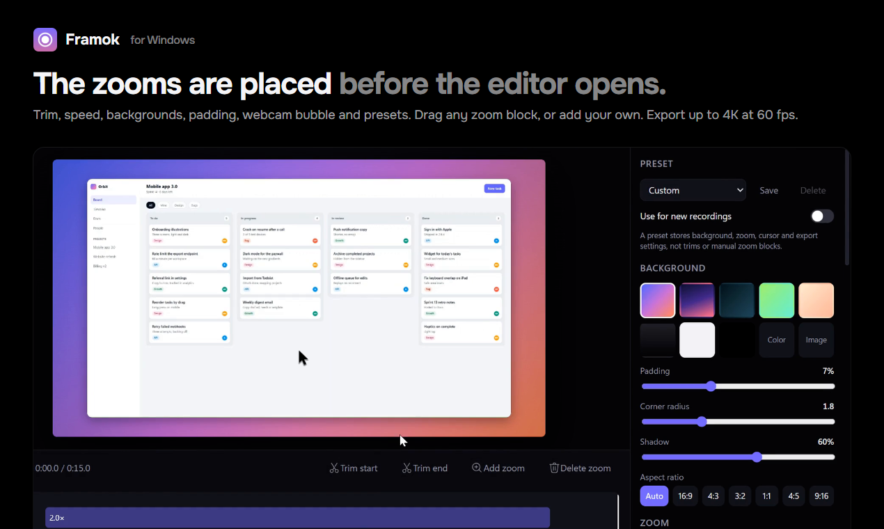 The Framok editor with a recording of a task board on a purple background, the Add zoom and Delete zoom buttons under the preview, and a 2.0x zoom block on the timeline