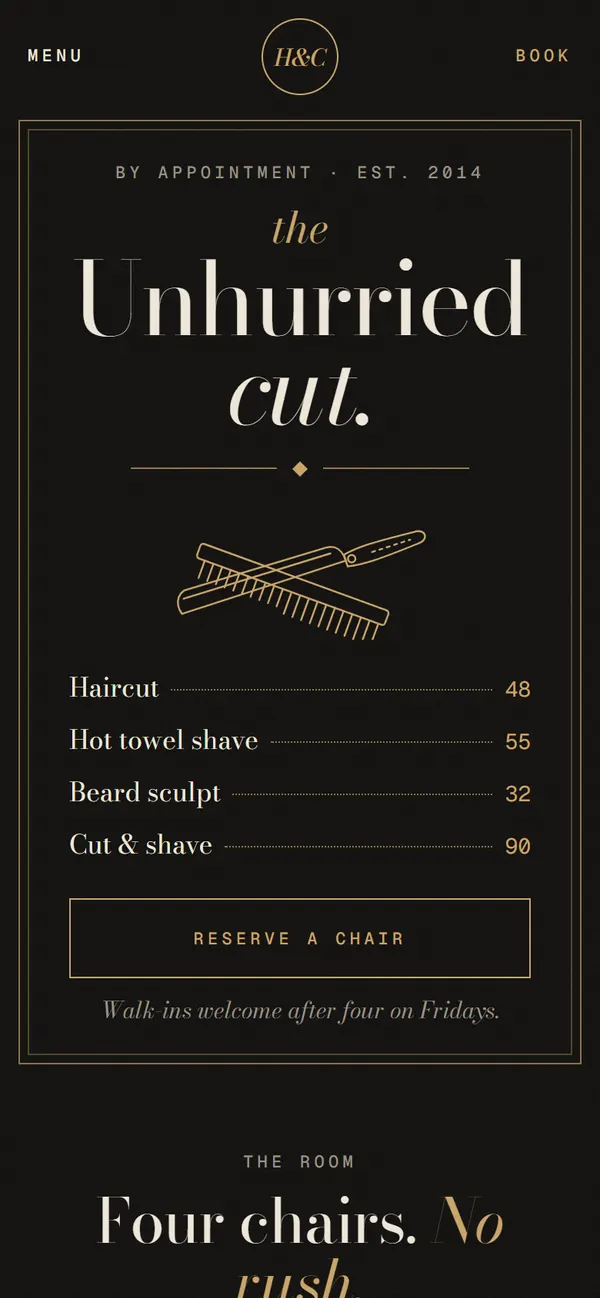 Concept homepage for a made-up barbershop, Halden and Co., in brass on near black: the headline The unhurried cut, a line drawing of a razor and comb and a price list