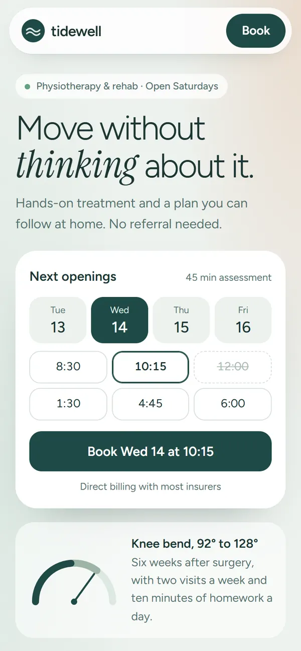 Concept homepage for a made-up physiotherapy clinic, Tidewell, in a soft sage palette: the headline Move without thinking about it and a booking card with the next open times
