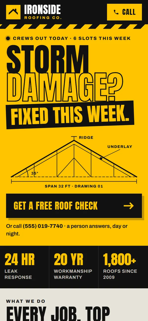 Concept homepage for a made-up roofer, Ironside Roofing, in heavy condensed capitals on safety yellow: the headline Storm damage? Fixed this week, a site drawing of a roof section and a free roof check button